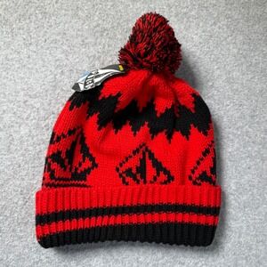 Volcom Stone Jacquard Pom Beanie Mens Red Black Winter Knit Hat Cap New J5851214